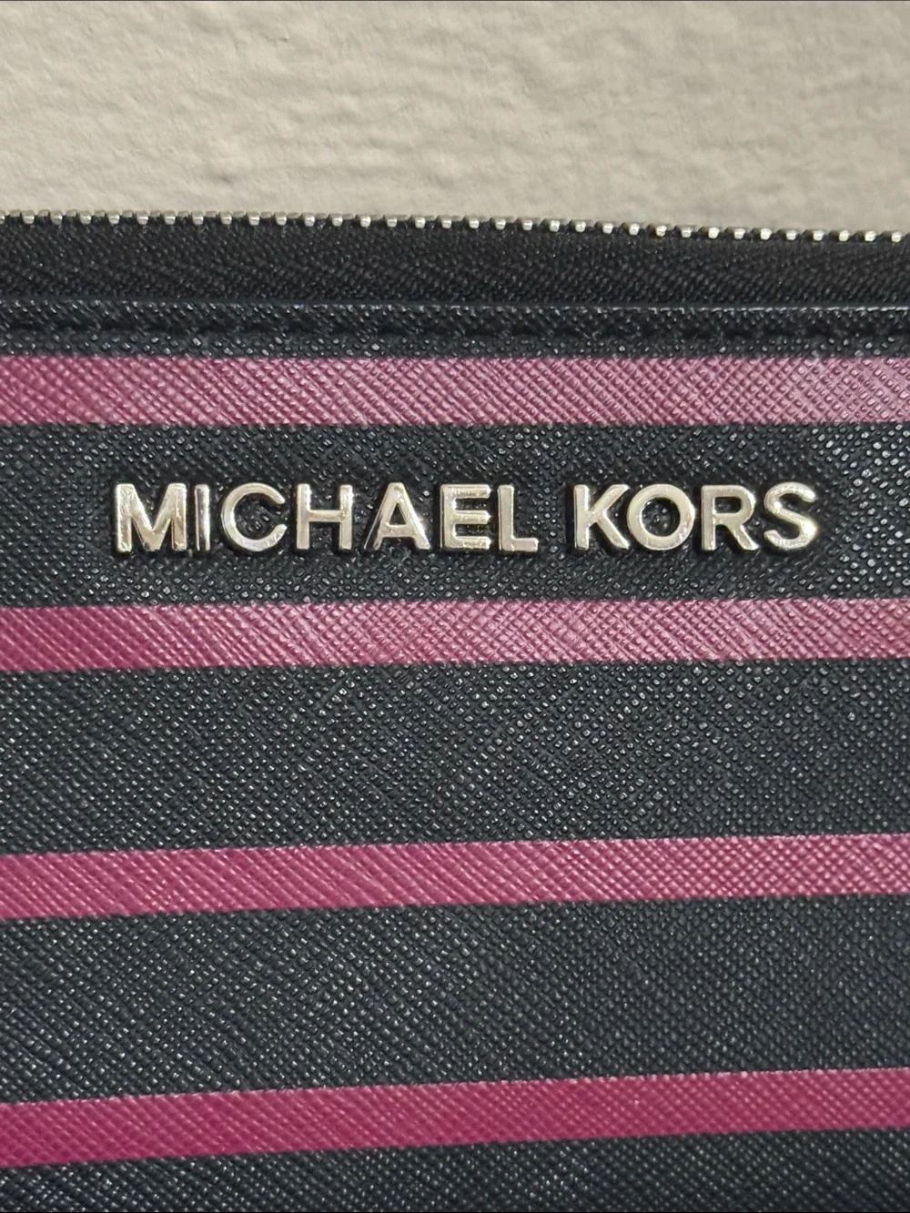 Michael Kors Navy and Pink Striped Zip Wallet Wristlet - Picture 3 of 12